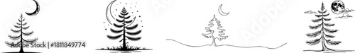Four minimalist pine tree illustrations under crescent moon and stars.