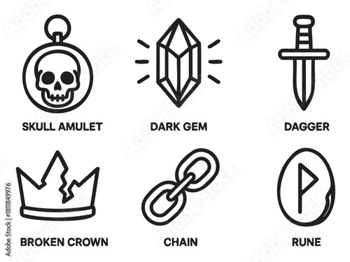 Set of six black and white fantasy icons for a role-playing game, including a skull amulet, magic gem, dagger, broken crown, chain, and ancient rune