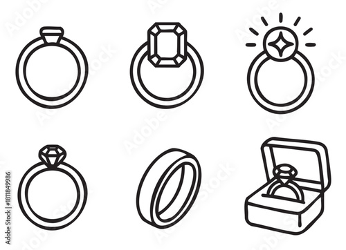 Collection of black and white line art icons depicting various engagement rings, wedding bands, and a proposal ring in a box