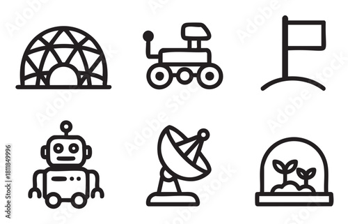 Collecti representing space exploration, including a rover, robot, habitat dome, flag, satellite dish, and plants