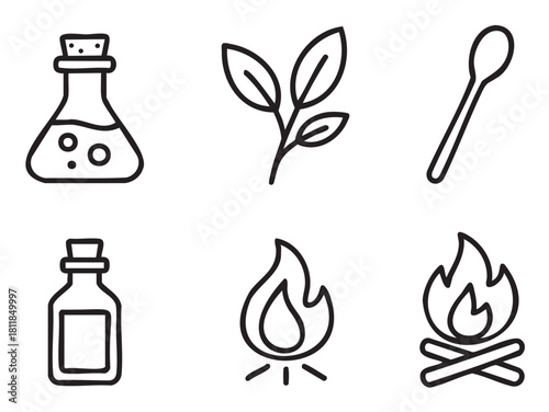 Collection of hand-drawn minimalist icons representing alchemy, magic, and nature, including a potion flask, plant, flame, and campfire