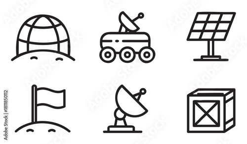 Set of six black line icons representing space exploration and planetary colonization, including a rover, solar panel, habitat dome, and satellite dish