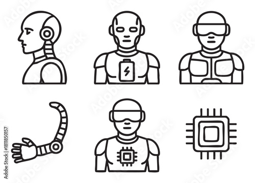 Set of black and white line art icons depicting futuristic robots, cyborgs, a bionic arm, and a microchip, representing artificial intelligence and advanced technology concepts