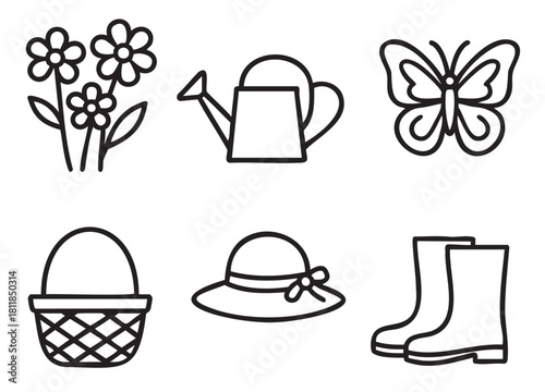 Collection of simple black and white line art icons representing gardening and springtime activities, featuring flowers, a watering can, butterfly, basket, sun hat, and rubber boots