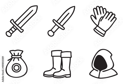 Set of black and white line art icons for a fantasy role-playing game, featuring a sword, dagger, gloves, money bag, boots, and a mysterious hood