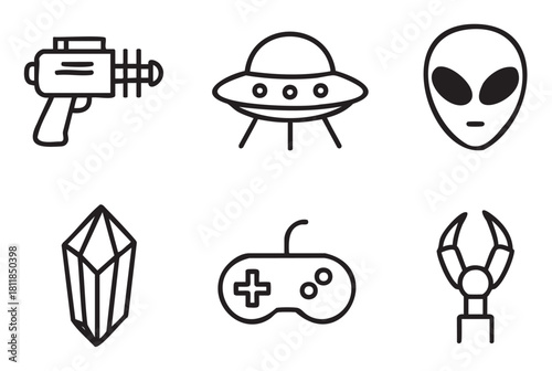 Set of six black line icons featuring science fiction and gaming themes like a ray gun, UFO, alien, crystal, gamepad, and robotic claw