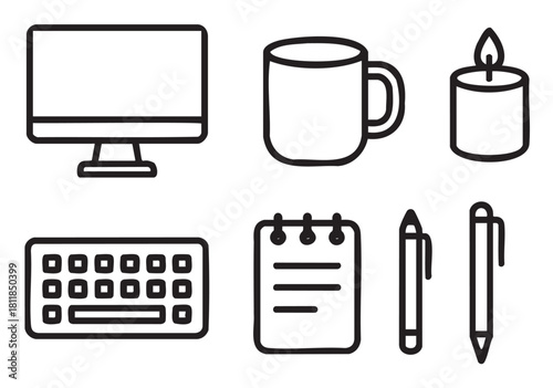 Set of black and white line art icons representing office supplies and a cozy workspace, including a computer, keyboard, mug, notepad, pens, and a candle