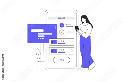 E-wallet, digital payment. Online transaction with woman standing and holding mobile phone concept. Flat Cartoon Vector Illustration, icon Stylish abstract design landing page web