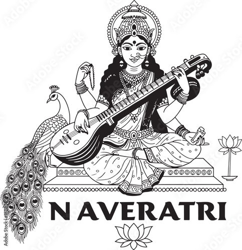 Saraswati goddess illustration playing veena with peacock and lotus flowers for Navratri festival Hindu