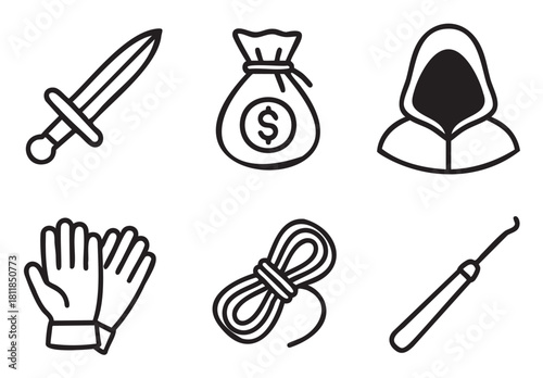 Set of black and white line art icons representing a thief or rogue character class, including a dagger, money bag, hood, gloves, rope, and lockpick for a fantasy game