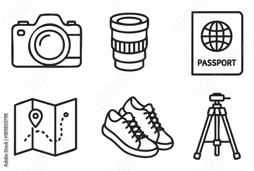 Minimalist set of black line art icons for travel and photography, including a camera, lens, passport, map, sneakers, and tripod