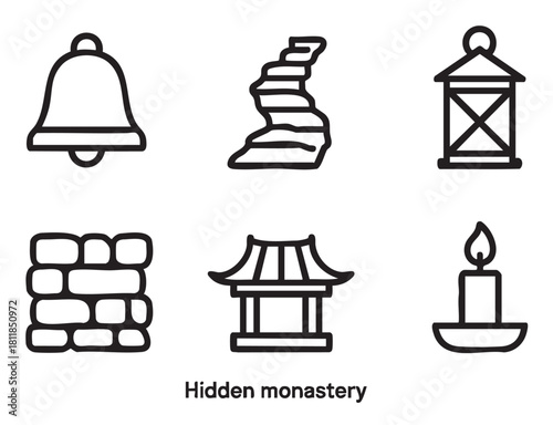 Minimalist icon collection illustrating elements of a secluded monastery, featuring a pagoda, winding path, candle, bell, lantern, and stone wall in a simple black outline style