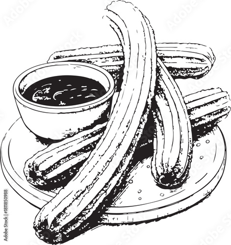 Churros Hand-drawn Sketch Drawing Vector Illustration, Line Linear Symbol Engraving Coloring Book, Black and White Isolated