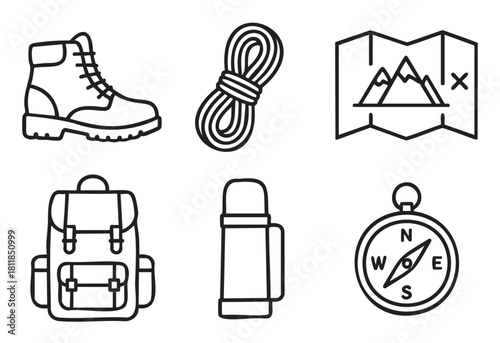Set of black and white line art icons representing hiking and outdoor adventure gear, including a boot, rope, map, backpack, thermos, and compass