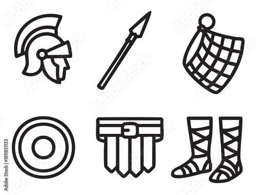 Collection of simple black line art icons representing ancient warrior equipment, featuring a crested helmet, spear, net, shield, armored skirt, and sandals