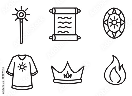 Set of six black outline icons representing fantasy and medieval elements: a magic wand, a scroll, a faceted gem, a tunic, a crown, and a flame