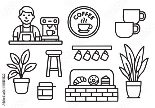 Collection of black and white line art icons representing a coffee shop, with a barista, espresso machine, pastries, and cafe furniture elements