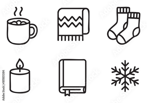 Set of six minimalist black line art icons representing a cozy winter and hygge theme, including a hot drink, scarf, socks, candle, book, and snowflake