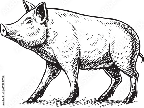 Hog Boar Pig Pork Hand-drawn Sketch Drawing Vector Illustration, Line Linear Symbol Engraving Coloring Book, Black and White Isolated