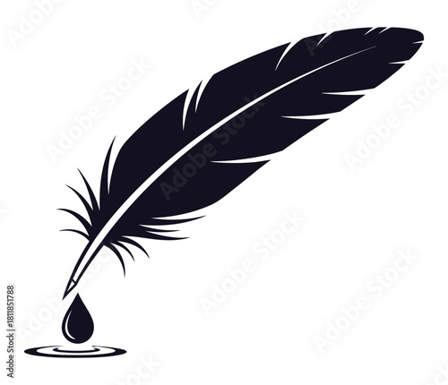 Elegant quill pen with ink drop isolated on, symbolizing writing, creativity, and literature