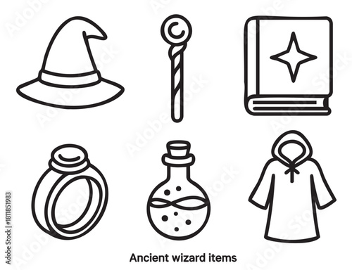Set of six black and white line art icons representing magical wizard items, including a pointed hat, staff, spell book, enchanted ring, potion, and a hooded robe