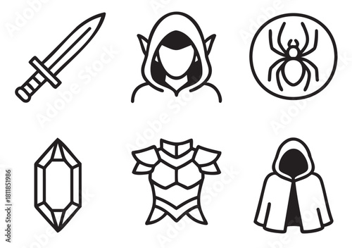 Collection of minimalist line art icons for a fantasy adventure theme, featuring a sword, hooded elf, spider symbol, gemstone, armor, and cloak for role-playing game elements