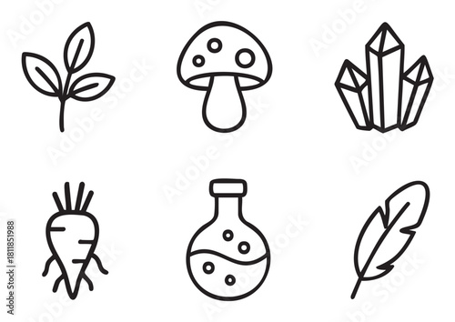 Simple graphic illustration of various alchemy and witchcraft ingredients, including a plant, mushroom, crystal, root, potion, and feather, drawn in a clean line art style