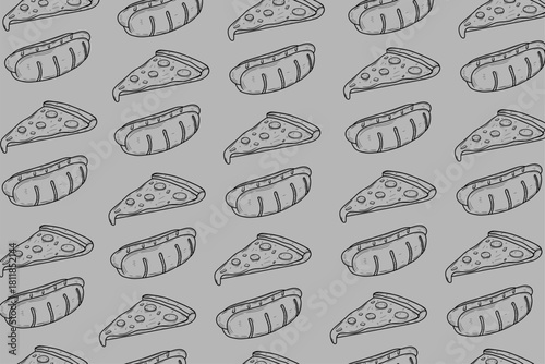 Seamless pattern of pizza slices and hotdogs in clean line art style, arranged in a playful repetitive layout for food packaging, backgrounds, and snack-themed designs.