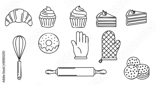 Minimalist vector icon set of bakery items and kitchen tools, featuring simple line art drawings of desserts and pastries for a clean, modern graphic design concept