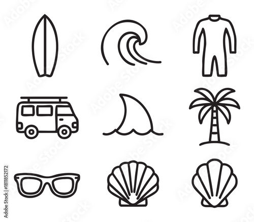 Collection of simple black line art icons representing summer vacation and surfing themes, including a surfboard, wave, palm tree, and camper van