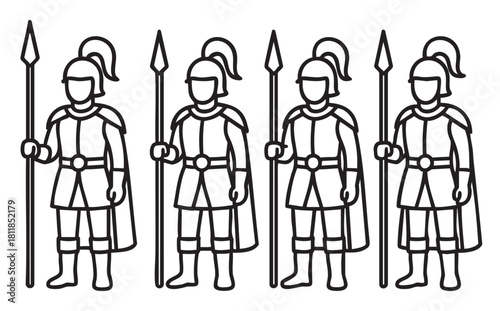 Minimalist black and white line art illustration of four ancient warriors in armor and helmets standing in formation with spears