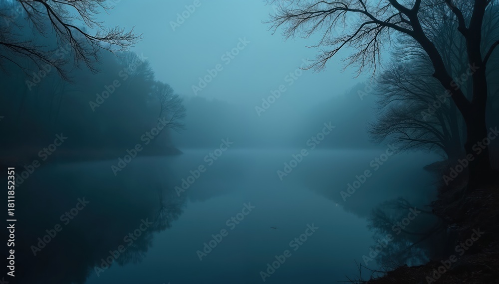 Fototapeta premium Bare trees stand by dark misty lake at night. Calm blue water reflects bare branches and deep fog. Serene mysterious nature scene unfolds under moonlit sky.