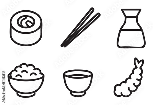 Collection of minimalist black and white line art icons representing traditional Asian cuisine, including sushi, chopsticks, rice, tempura shrimp, and soy sauce