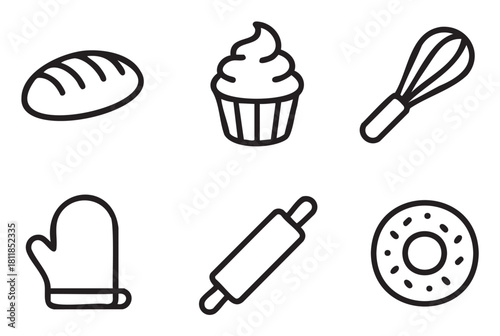 Set of six black line art icons related to baking and pastry, including bread, a cupcake, a whisk, an oven mitt, a rolling pin, and a donut