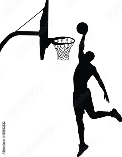 Silhouette of Basketball Player Dunking on White Background Keywords: basketball, player, dunk, slam dunk, silhouette, sport, athlete, action, game