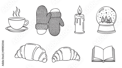 Collection of cozy winter icons in a simple black and white line art style, featuring a hot drink, mittens, candle, snow globe, croissants, and an open book