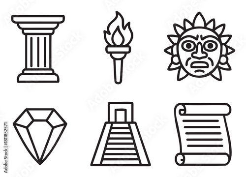 Collection of black and white line art icons representing ancient civilizations and adventure, featuring a pyramid, sun god, column, torch, diamond, and scroll