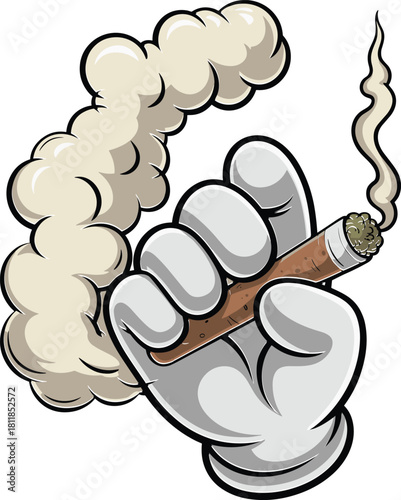 Cartoon hand holding smoking blunt with cloud of smoke, marijuana illustration, cannabis design, vector artwork, cad drawing flat vector illustration