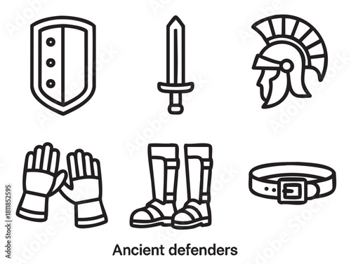 Minimalist vector icon set of ancient warrior armor and weaponry, featuring a Roman helmet, sword, shield, gauntlets, sandals, and belt in a simple black outline style