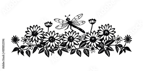 a black and white drawing of a dragonfly perched atop a daisy flower, surrounded by other flowers and leaves The background is a stark white, highlighting the.