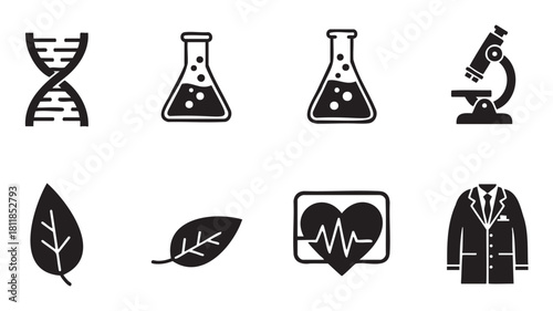 Collection of black and white minimalist icons representing science, medicine, and biology, including DNA, a microscope, a lab coat, and a heartbeat symbol