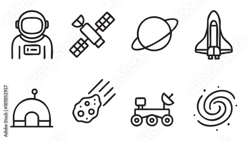 Set of eight simple black outline icons for space and astronomy, including a satellite, rover, galaxy, and astronaut, presented in a clean, modern vector style
