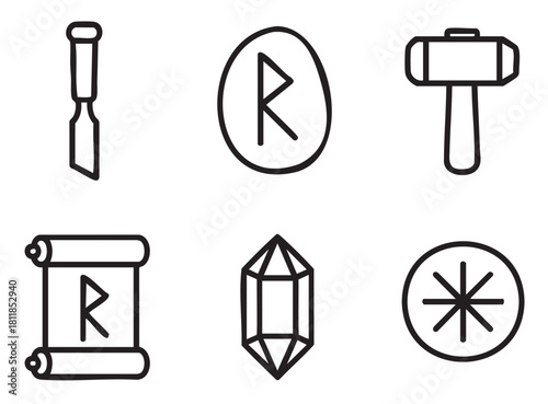 Set of hand-drawn black line art icons featuring ancient mythological symbols like a rune, hammer, chisel, scroll, crystal, and sun wheel