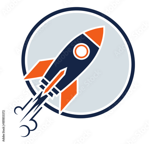 Illustration of a rocket ship launching into space, isolated on, with a circular background