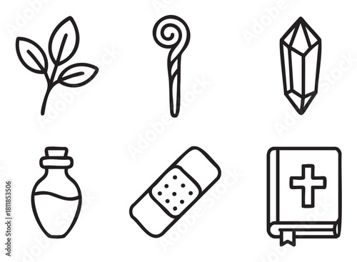 Set of six black line icons for fantasy role-playing games, including a healing herb, magic staff, crystal, potion, bandage, and holy book