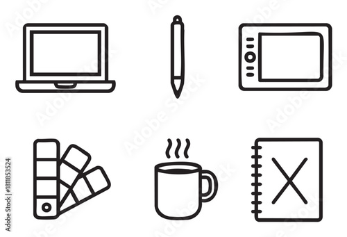 Collection of hand-drawn outline icons representing a digital artist's workspace essentials, including a laptop, graphics tablet, stylus, color swatches, and a coffee cup