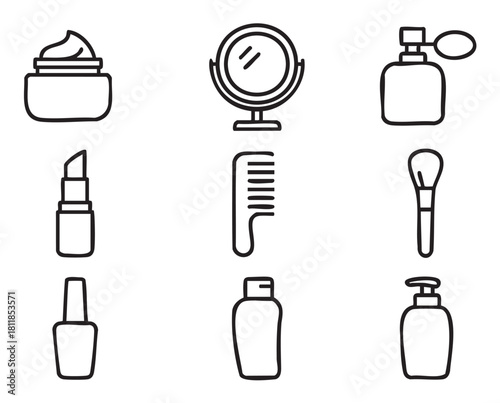 Collection of hand-drawn black line icons representing various beauty, cosmetic, and personal care products