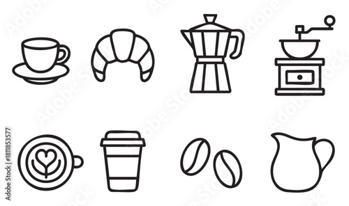 Collection of minimalist black line icons representing coffee, breakfast, and cafe culture, including a cup, croissant, moka pot, grinder, and latte art