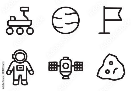 Set of six simple black outline icons for space and astronomy themes, featuring a rover, planet, astronaut, satellite, flag, and meteorite