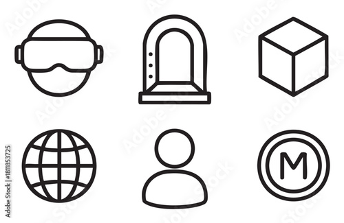 Set of black line icons representing metaverse concepts, including virtual reality, avatars, portals, and digital worlds